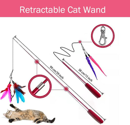 Cat Toy Wand, Retractable Cat Feather Toys and Replacement Refills with Bells, Interactive Cat Toys for Cat Kitten Exercise
