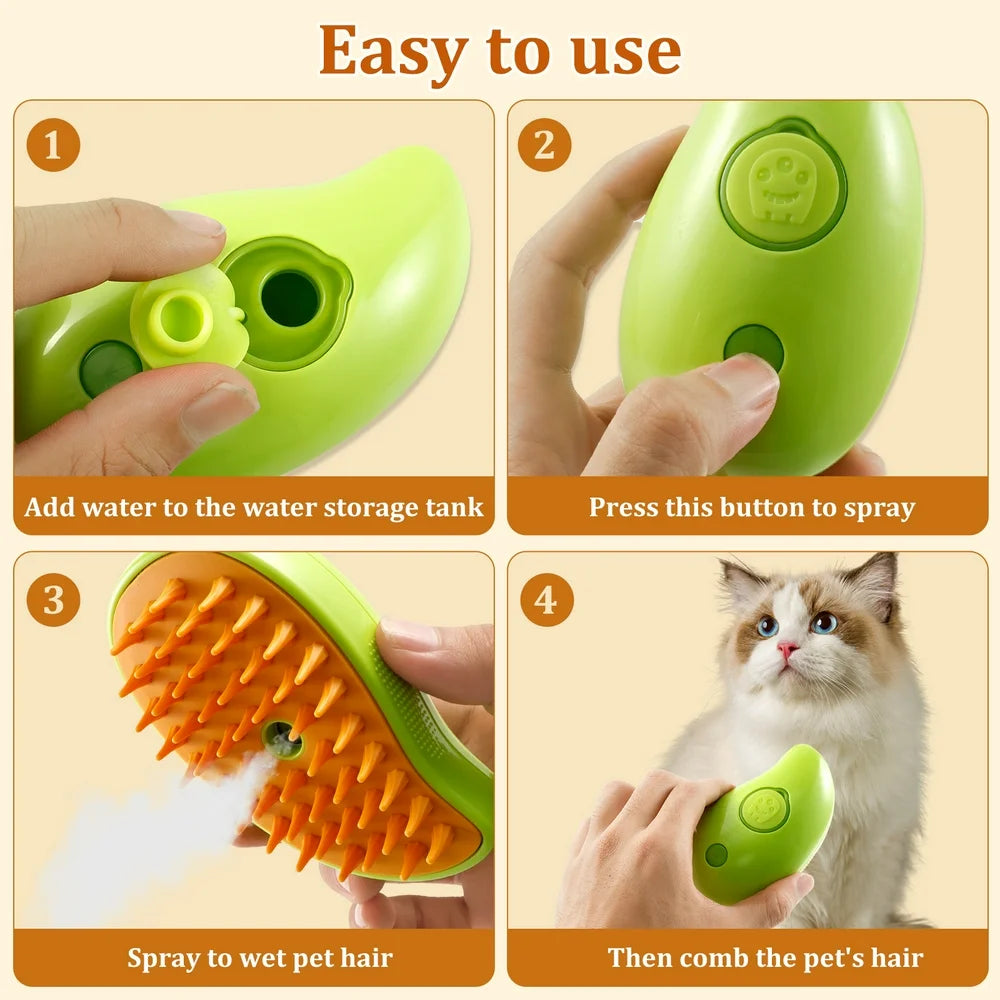 3 in 1 Steamy Cat Brush,Cat Steam Brush for Massage Removing Tangled Loose Hair,Self Cleaning Steam Cat Grooming Brush,Misting Spray Cat Brush for Shedding with Water Tank,Green