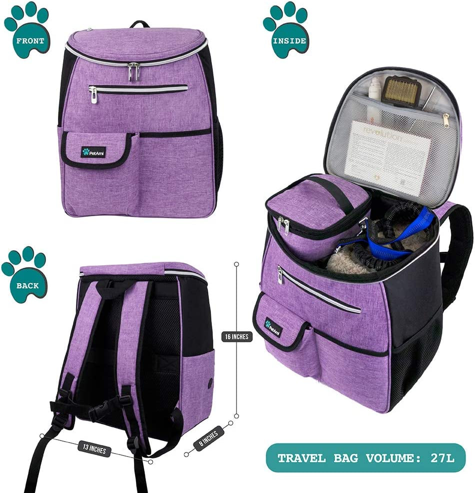Dog Travel Bag Backpack, Airline Approved Dog Bags for Traveling, Puppy Diaper Bag Supplies, Pet Camping Essentials Hiking Accessories Dog Mom Gift, Food Container, Collapsible Bowls, Purple