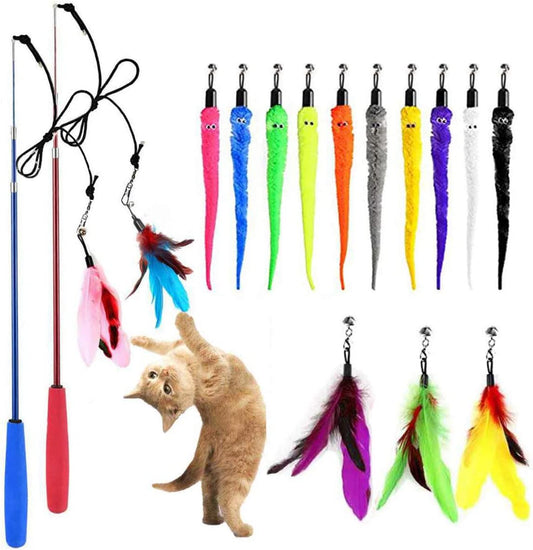 Cat Toy Wand, Retractable Cat Feather Toys and Replacement Refills with Bells, Interactive Cat Toys for Cat Kitten Exercise