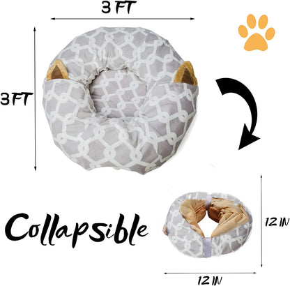 Cat Dog Tunnel Bed with Cushion Tube Toys Oxford Cloth Large Diameter Longer Crinkle Collapsible 3 Way for Large Cats Kittens Kitty Small Puppy Outdoor 3FT