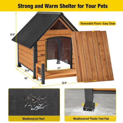 Outdoor Dog House, Waterproof Puppy Shelter Indoor Doghouse with Elevated Floor, Anti-Bite Design Dog Home for Small Medium Dogs with Porch