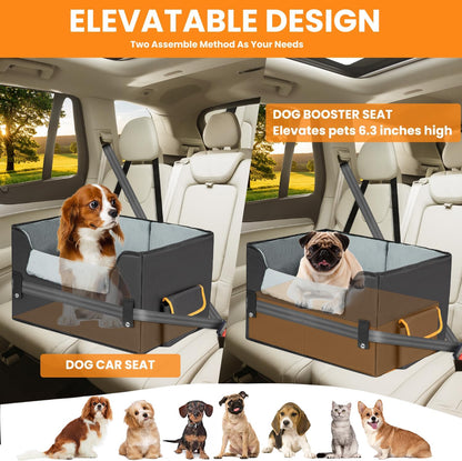 Dog Car Seat for Small Dogs, Elevated Dog Booster Seat Pet Travel Carrier Bed for Car with Adjustable Straps Lookout Pet Car Booster Seat for Small Dogs Cats